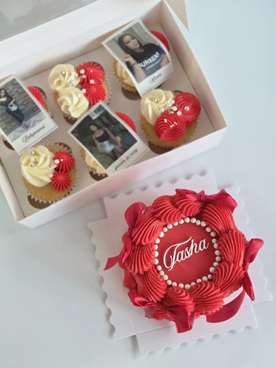 Birthday cupcakes with edible image toppers and a red mini heart cake gift set